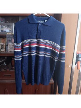 True Vintage Knit Pullover Shirt 1980's Disco Geek Striped Acrylic Polo Sweater